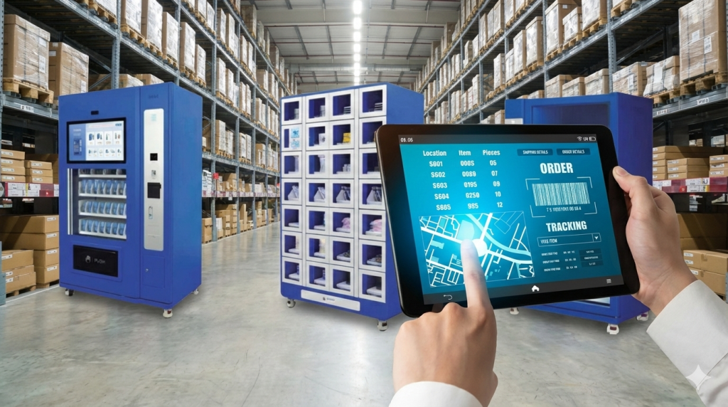Man with tablet monitoring the health and status of the vending machines in front of him